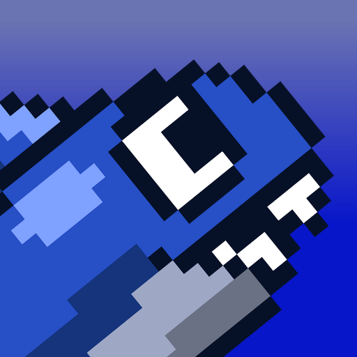 A blue shark smiling with its mouth open. (From the game 8 bit swim by SMKDEV)