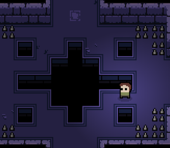 A small child standing in a purple dungeon surrounded by pitfalls and spikes. (From the game Pocrypt by SMKDEV)