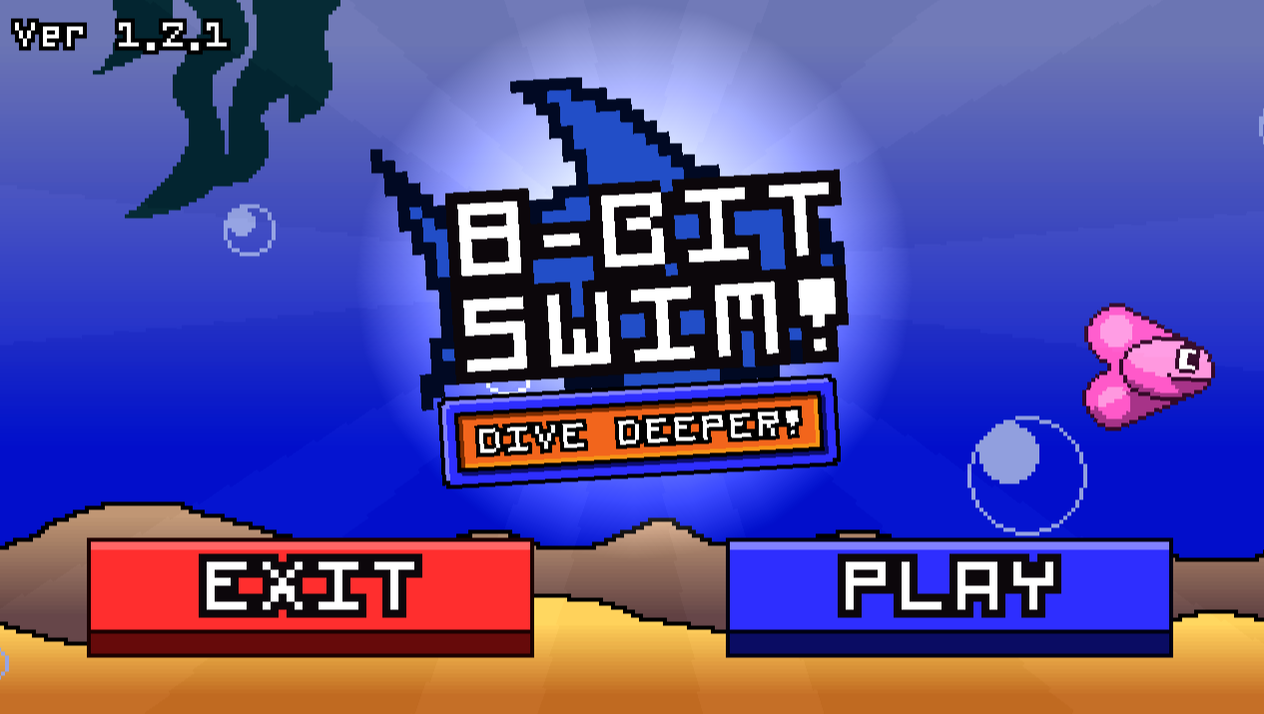 A small A title screen displaying a blue shark logo saying 8-bit swim. An ocean background with a silver shark swimming around. (From the game 8 bit swim by SMKDEV)