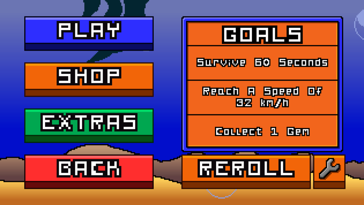 The main menu. 4 buttons on the left that read: play, shop, help and back respectively. A blue and orange box on the right titles goals with various tasks listed beneath it. 4 powerups displayed at the bottom and a setting button. (From the game 8 bit swim by SMKDEV)