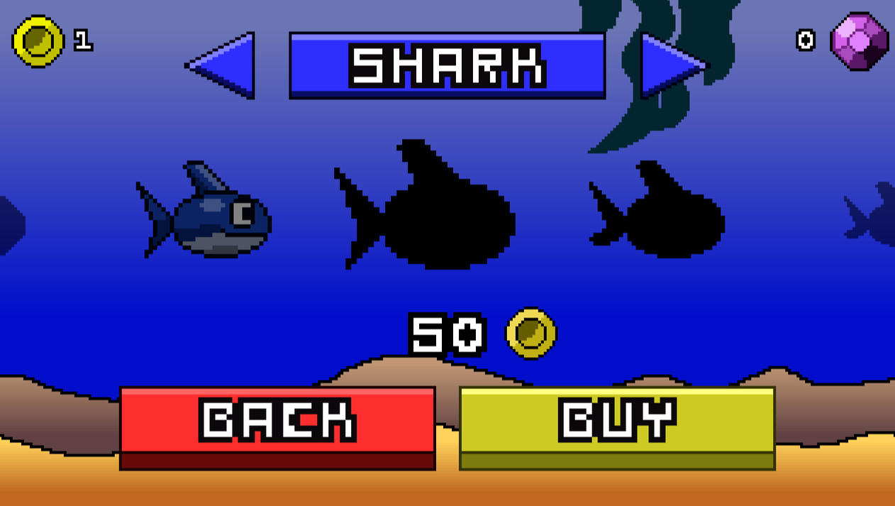 A horizontal list of playable sharks. The locked ones are greyed-out. Coins count in the top left and Gems count in the top right. Ocean background with bubbles and seaweed. (From the game 8 bit swim by SMKDEV)