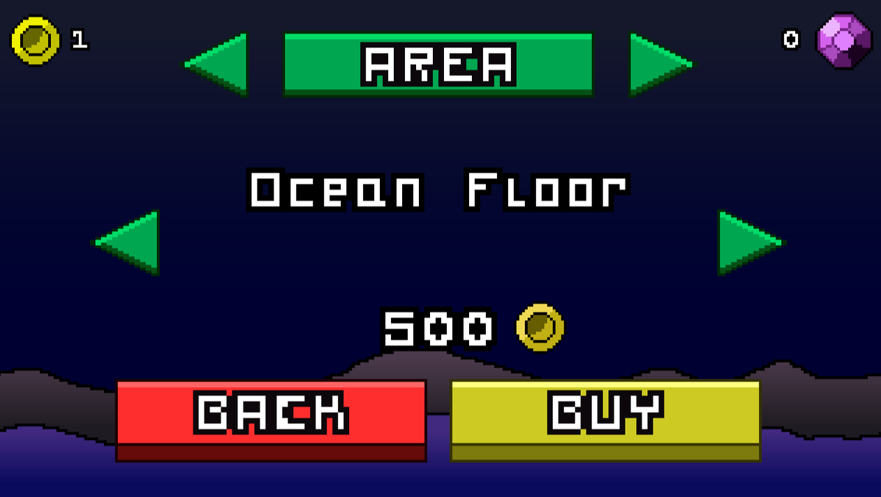 Level select screen. The name of the selected area in the middle with two arrows either side serving as navigation. Background is a dark night sea with rocks and bubbles. Coins count is displayed in the top left and gems count is displayed in the top right. (From the game 8 bit swim by SMKDEV)