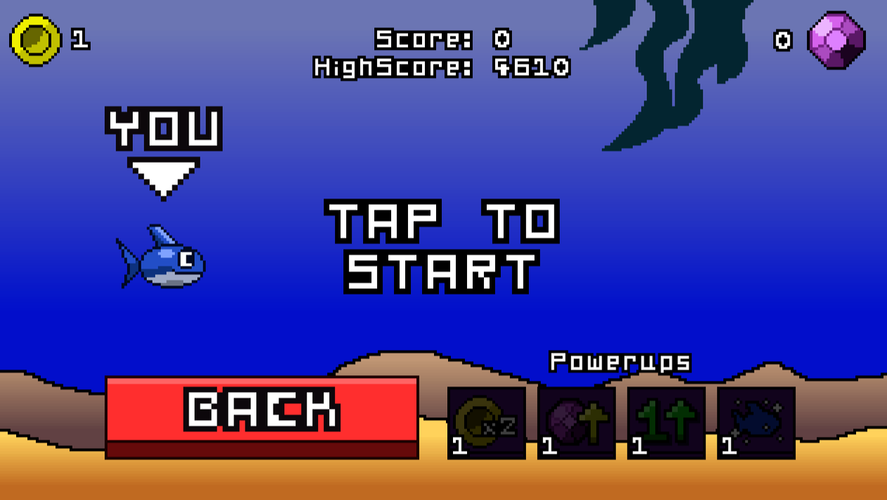 A screen showing the game just before the player starts. Tap to start is displayed in the center. A red back button in the bottom left. The player's 4 purple upgrades in the bottom right, numbering how many of that powerup the player has left. Coins count is displayed in the top left and gems count is displayed in the top right. The player's score and highscore is displayed at the top center. A blue shark is shown on the left with an arrow and some text that reads you. Ocean background with rocks, seaweed and bubbles. (From the game 8 bit swim by SMKDEV)