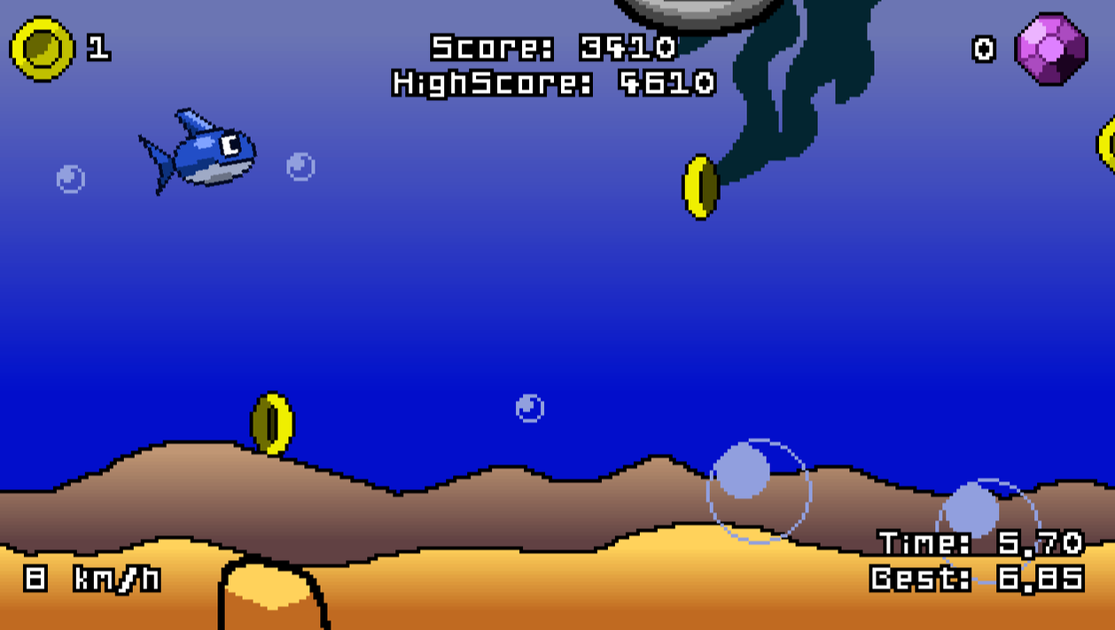 A picture of active gameplay. A blue shark swimming over a rock in a bright blue ocean. Yellow coins scattered around the screen. Player's streak and run time are shown at the bottom center and bottom right respectively. Blue shark on the left swimming upwards. Coin count in the top left, gem count in the top right. Bright seafloor background with bubbles, rocks and seaweed. (From the game 8 bit swim by SMKDEV)